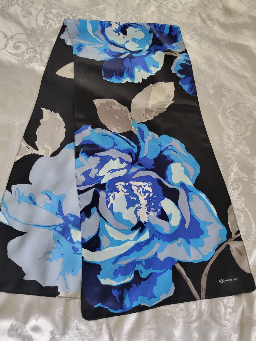 Vintage Anne Klein Silk Blue Floral Satin Scarf,62X13 Inches